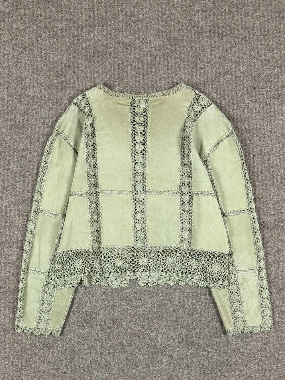 Vintage Sage Green Suede Leather Patchwork Crochet Cardigan Jacket Women’s Large